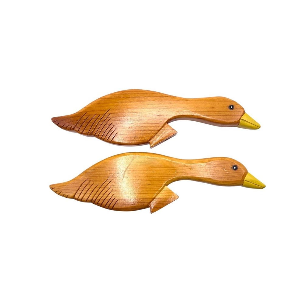 Vintage Hand Carved Wooden‎ Ducks Shelf Decor 11" Set Of 2